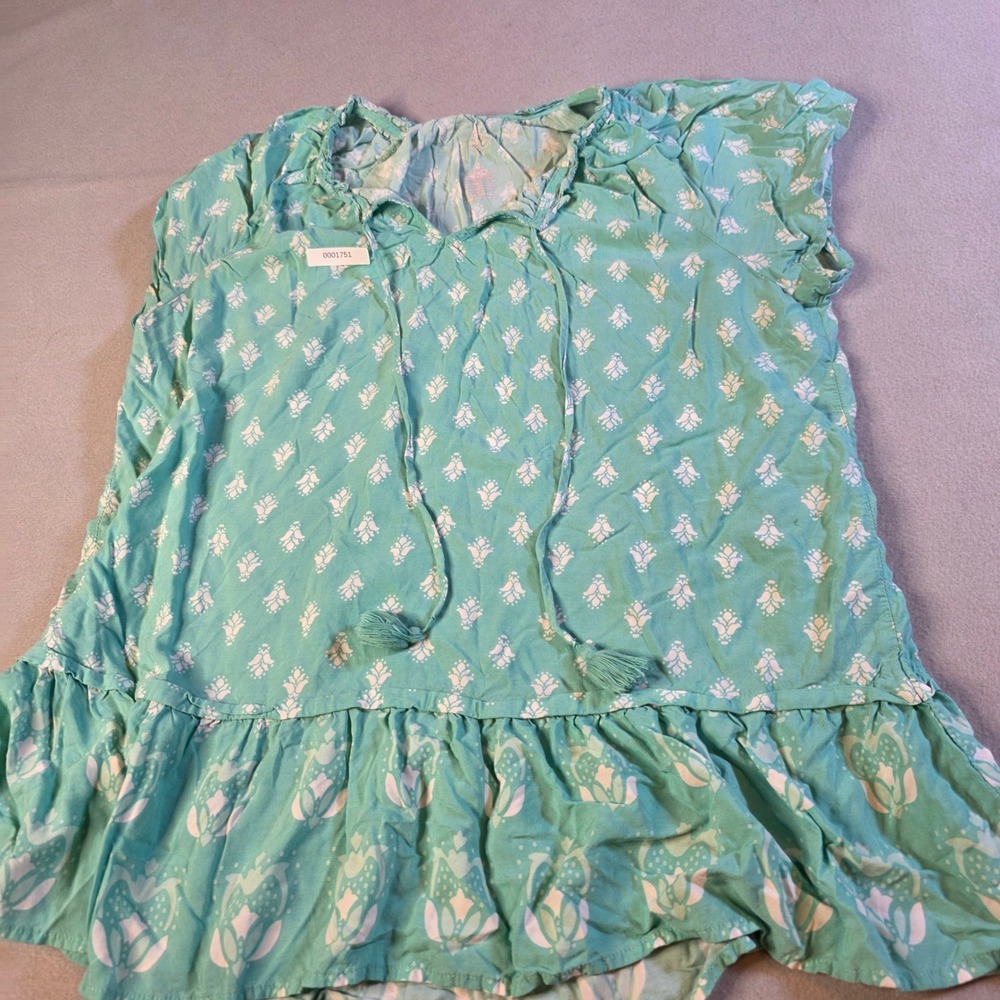St Johns Bay Womens Teal Aqua Medallion Print Rayon Ruffle Peasant Top Large - Picture 1 of 6